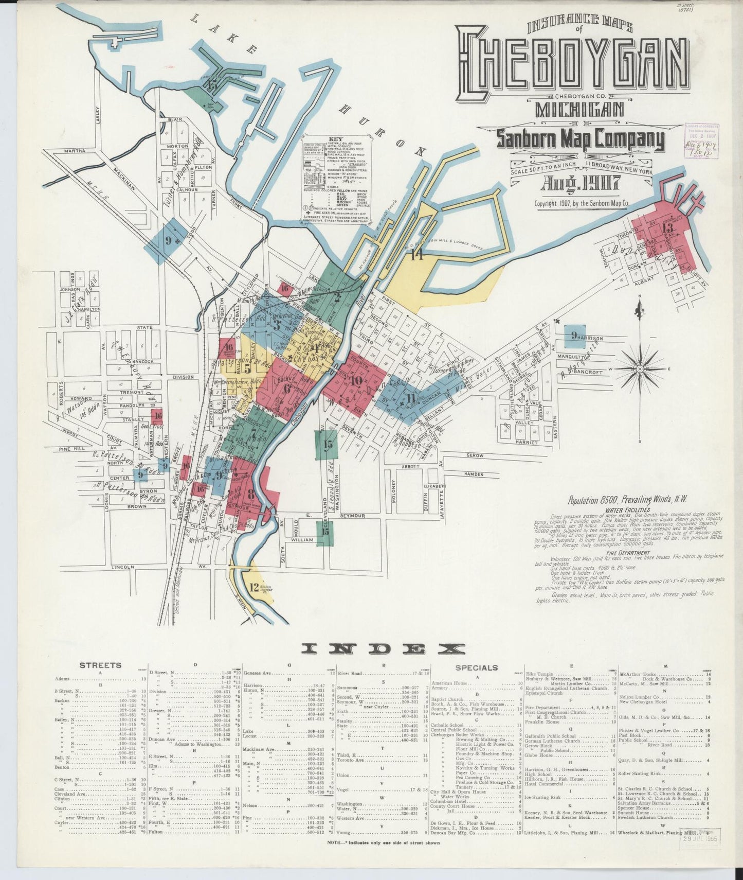 Sanborn Fire Insurance Map from Cheboygan, Cheboygan County, Michigan (1907), Sheet #0001 - Historic Sanborn Fire Insurance Map Print, vintage old map wall art, antique decor, genealogy gift, Michigan Michigan map