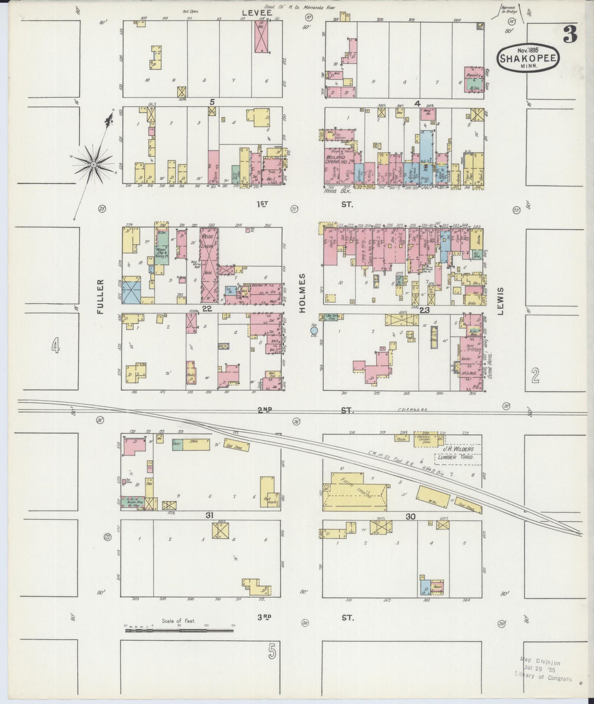 Sanborn Fire Insurance Map from Shakopee, Scott County, Minnesota (1895), Sheet #0003 - Historic Sanborn Fire Insurance Map Print, vintage old map wall art, antique decor, genealogy gift, Minnesota Minnesota map
