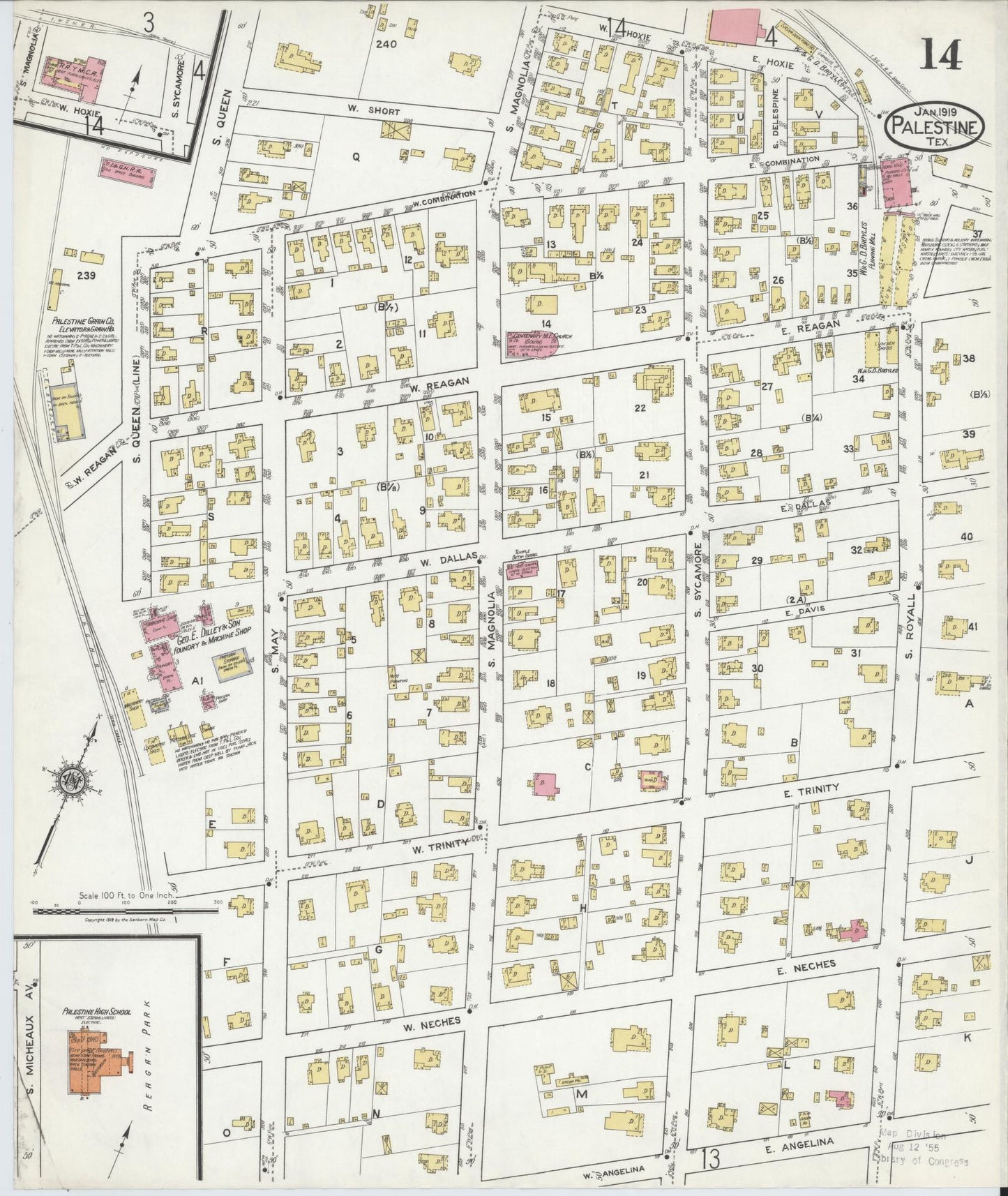 Sanborn Fire Insurance Map from Palestine, Anderson County, Texas (1919), Sheet #0014 - Historic Sanborn Fire Insurance Map Print, vintage old map wall art, antique decor, genealogy gift, Texas Texas map