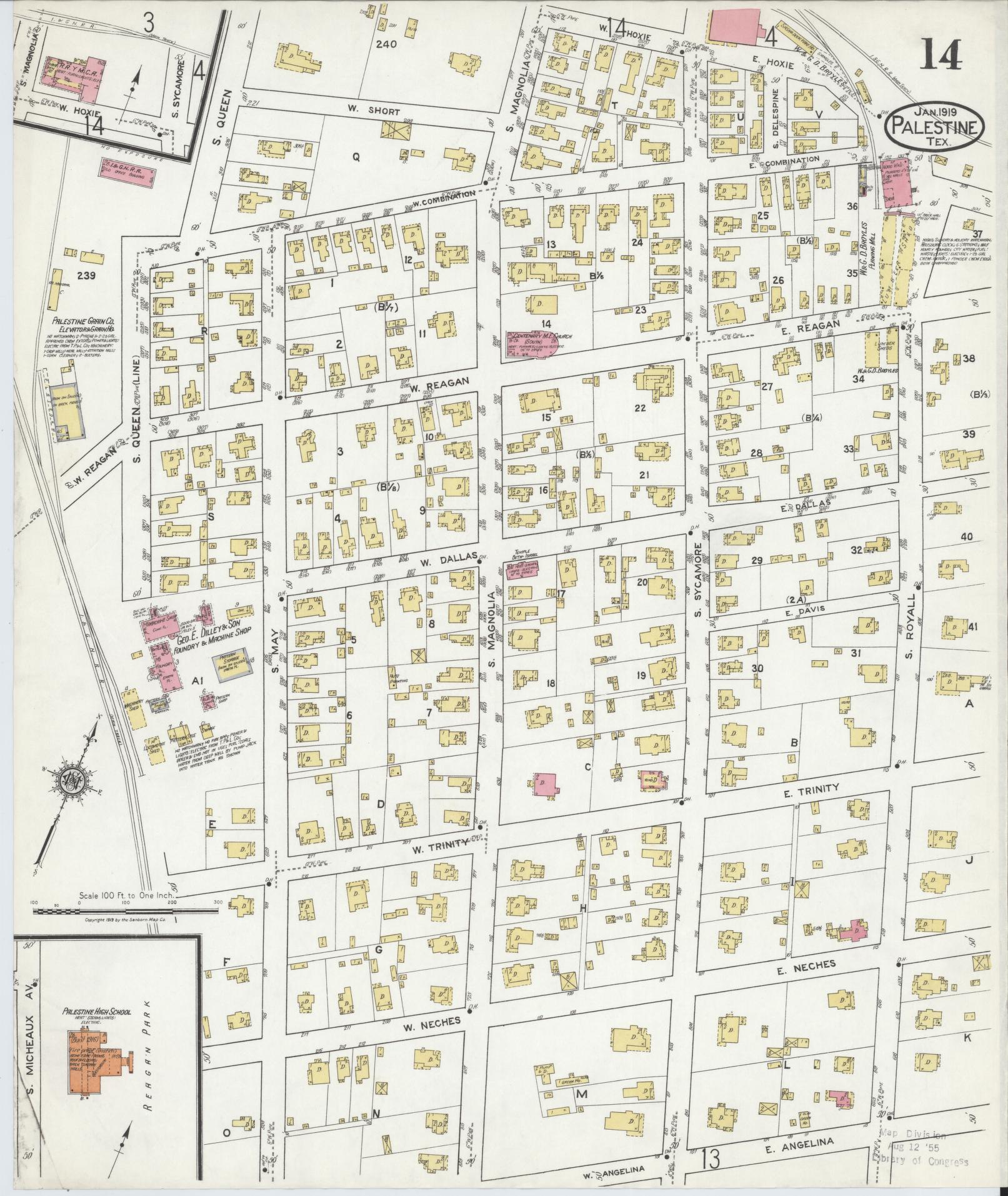 Sanborn Fire Insurance Map from Palestine, Anderson County, Texas (1919), Sheet #0014 - Historic Sanborn Fire Insurance Map Print, vintage old map wall art, antique decor, genealogy gift, Texas Texas map