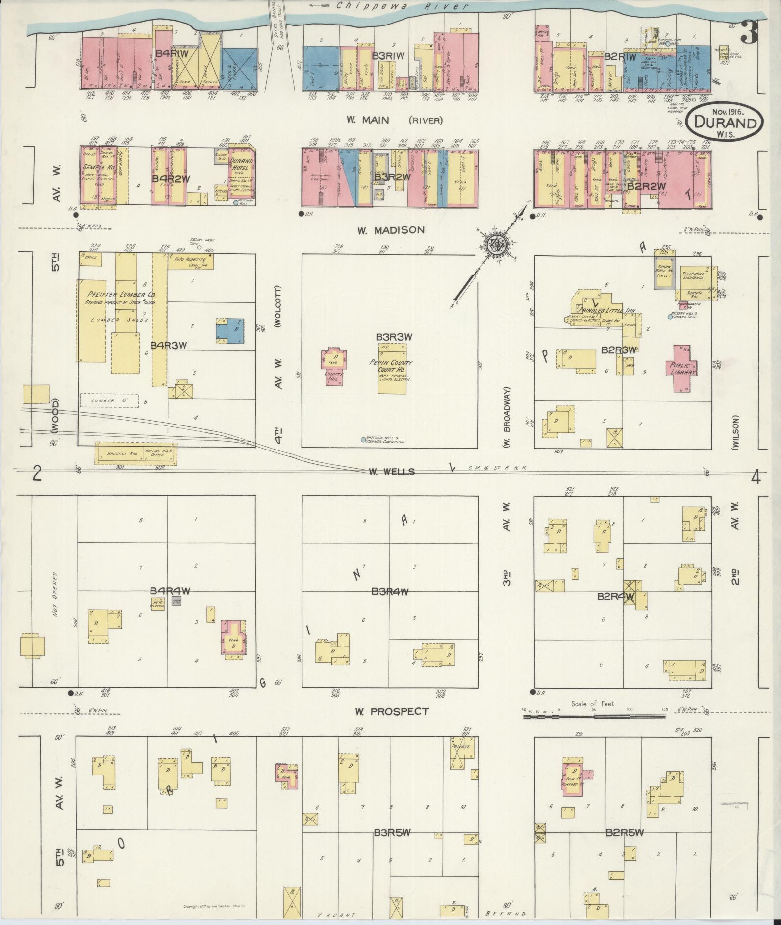 Sanborn Fire Insurance Map from Durand, Pepin County, Wisconsin (1916), Sheet #0003 - Complete Map Set gallery image, historic Sanborn map, vintage wall art, Wisconsin Wisconsin