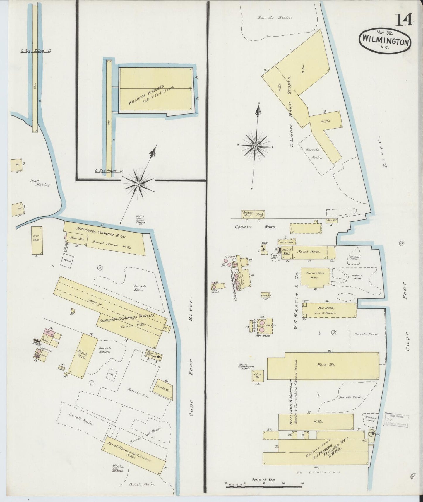 Sanborn Fire Insurance Map from Wilmington, New Hanover County, North Carolina (1889), Sheet #0014 - Historic Sanborn Fire Insurance Map Print, vintage old map wall art, antique decor, genealogy gift, North Carolina North Carolina map