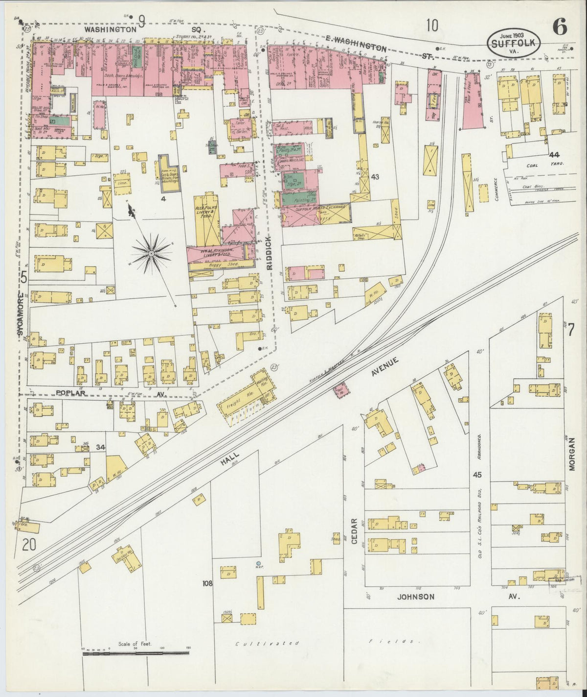 Sanborn Fire Insurance Map from Suffolk, Independent Cities, Virginia (1903), Sheet #0006 - Historic Sanborn Fire Insurance Map Print, vintage old map wall art, antique decor, genealogy gift, Virginia Virginia map