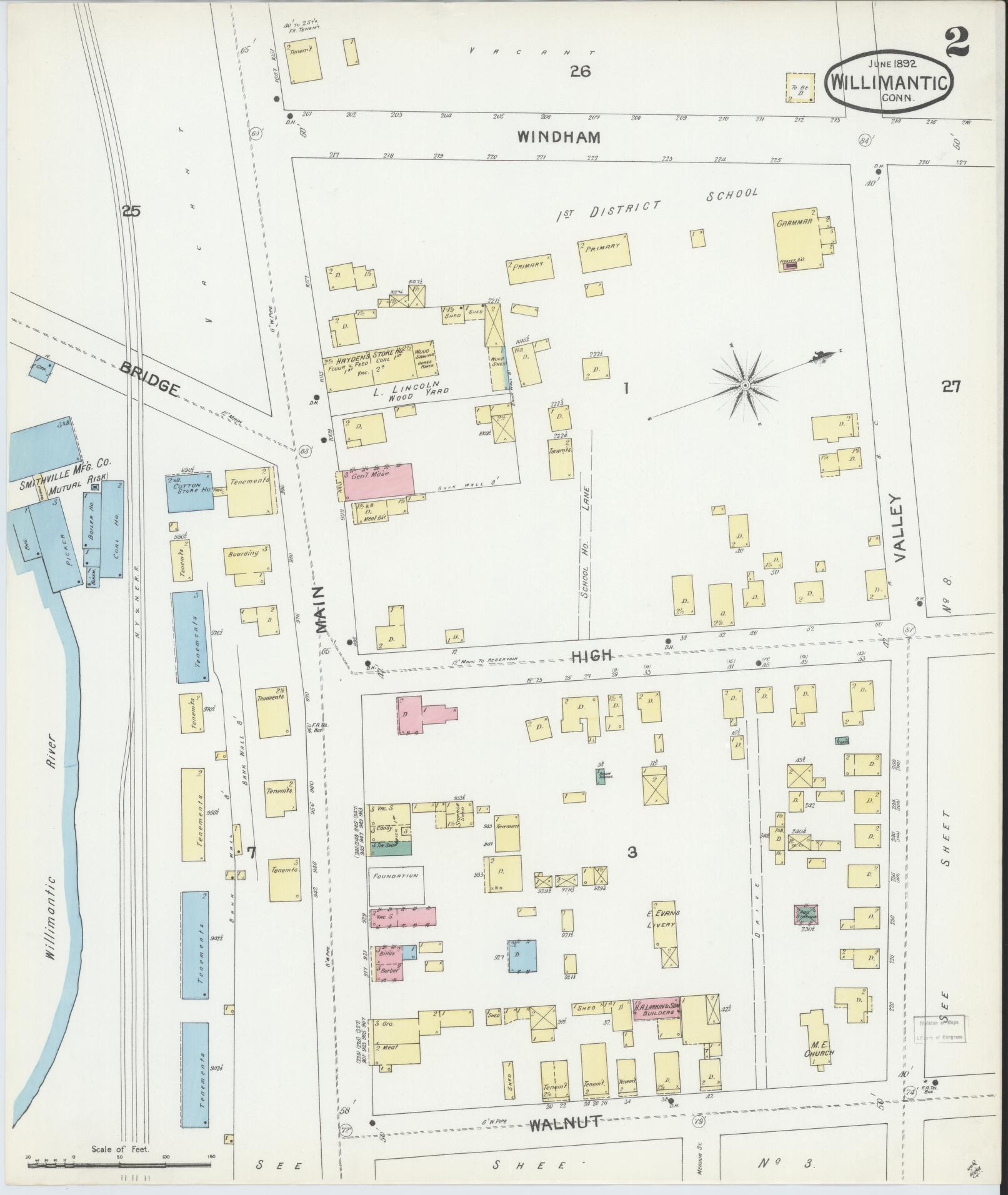 Sanborn Fire Insurance Map from Willimantic, Windham County, Connecticut (1892), Sheet #0002 - Historic Sanborn Fire Insurance Map Print, vintage old map wall art, antique decor, genealogy gift, Connecticut Connecticut map
