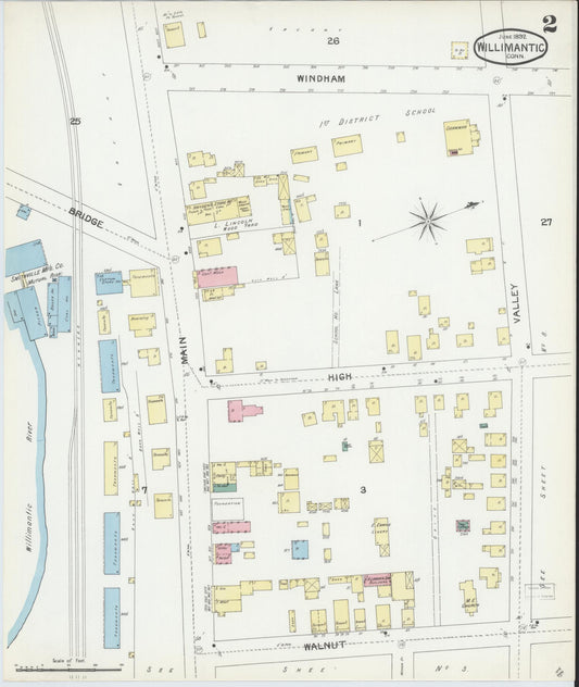 Sanborn Fire Insurance Map from Willimantic, Windham County, Connecticut (1892), Sheet #0002 - Historic Sanborn Fire Insurance Map Print, vintage old map wall art, antique decor, genealogy gift, Connecticut Connecticut map