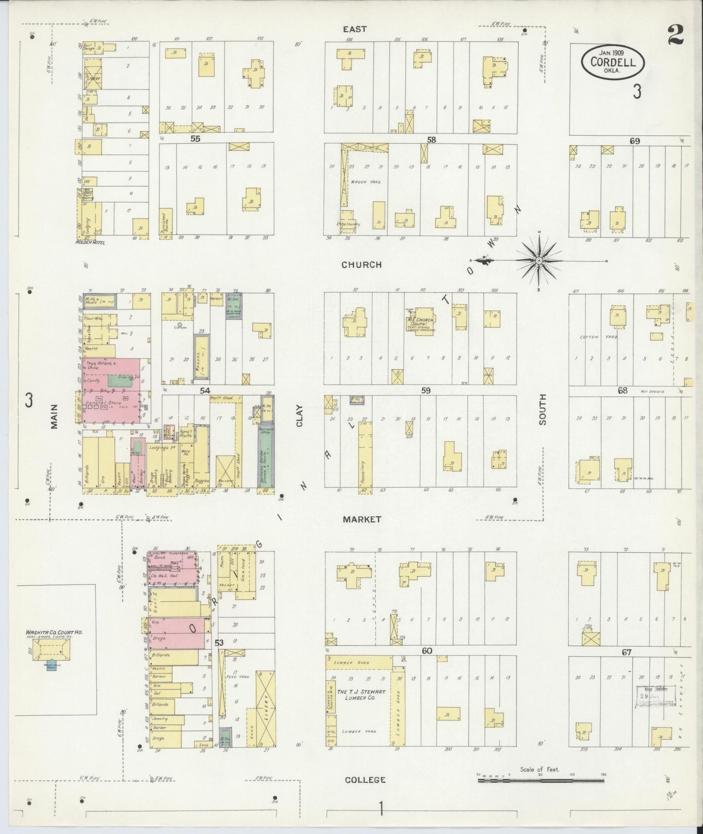 Sanborn Fire Insurance Map from Cordell, Washita County, Oklahoma (1909), Sheet #0002 - Complete Map Set gallery image, historic Sanborn map, vintage wall art, Oklahoma Oklahoma