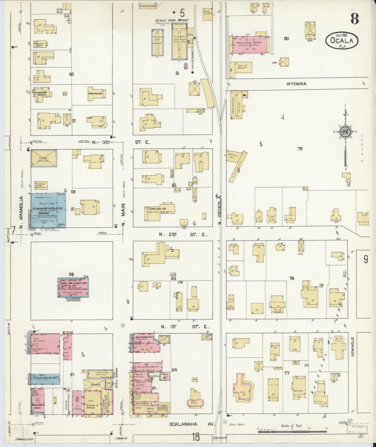 Sanborn Fire Insurance Map from Ocala, Marion County, Florida (1912), Sheet #0008 - Historic Sanborn Fire Insurance Map Print, vintage old map wall art, antique decor, genealogy gift, Florida Florida map
