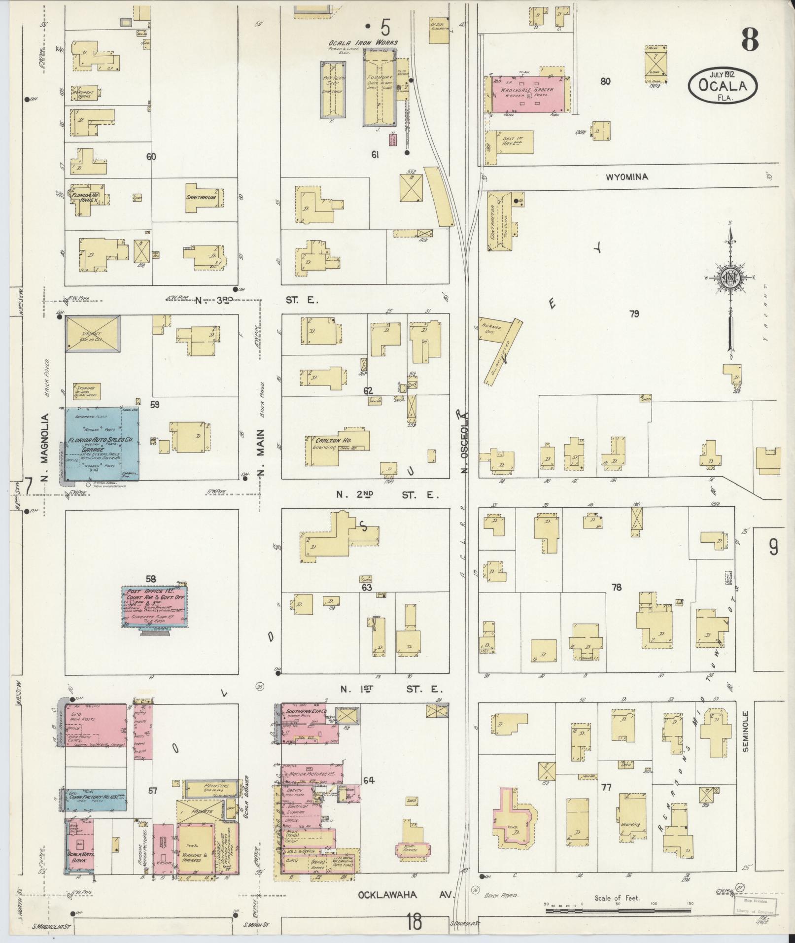 Sanborn Fire Insurance Map from Ocala, Marion County, Florida (1912), Sheet #0008 - Historic Sanborn Fire Insurance Map Print, vintage old map wall art, antique decor, genealogy gift, Florida Florida map