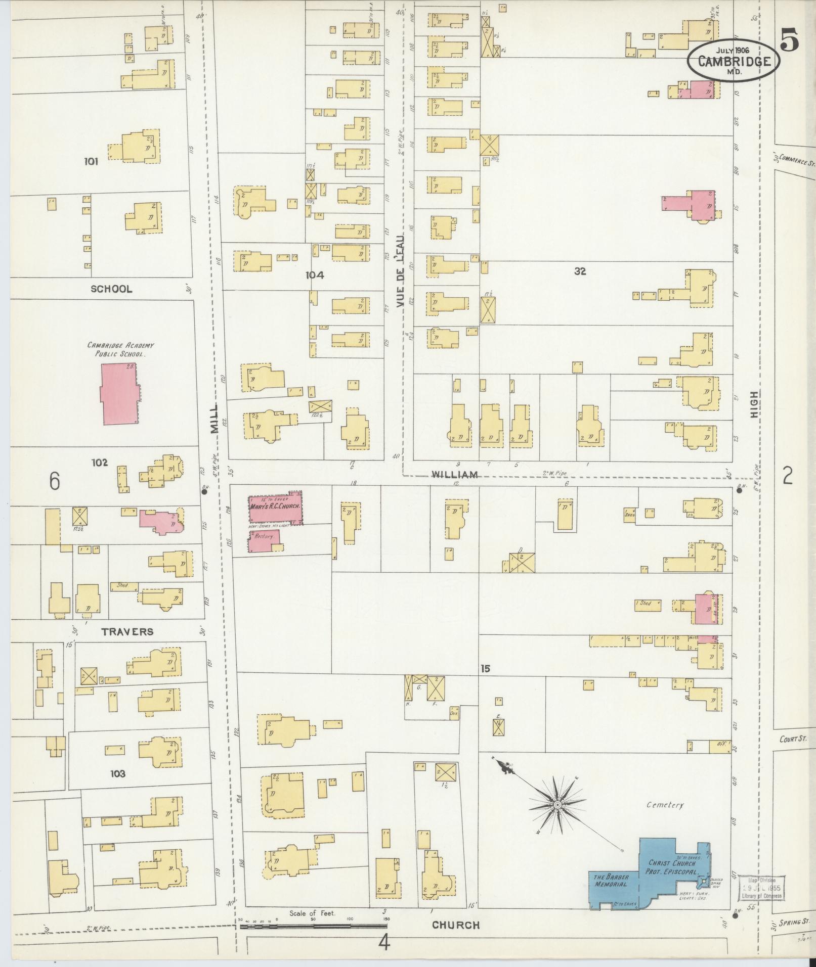 Dorchester, Maryland - 1906 - Sanborn Fire Insurance Map, Sheet #0005 - Historic Sanborn Fire Insurance Map Print, Dorchester Maryland 1906 0005 vintage old map wall art