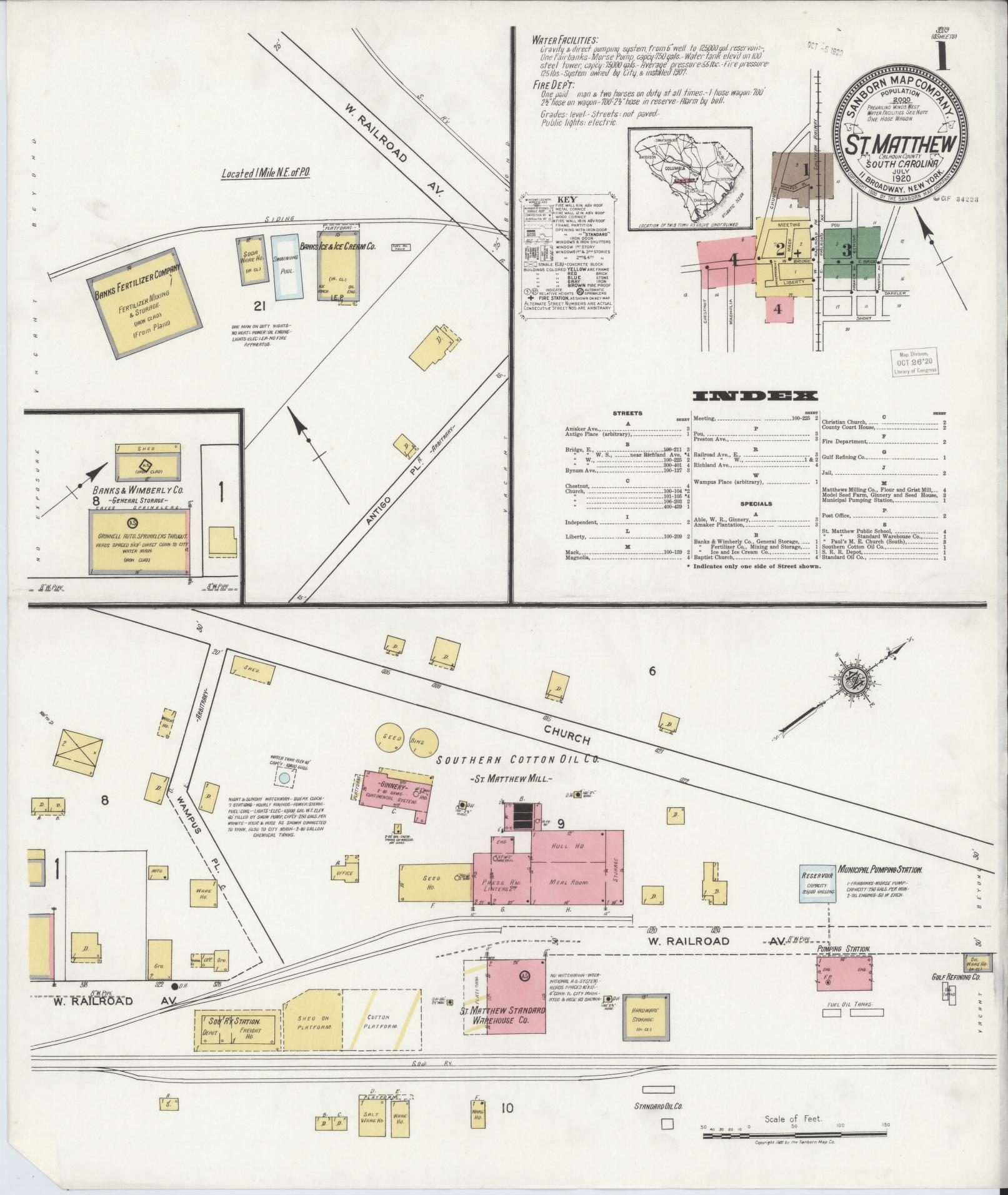 Sanborn Fire Insurance Map from Saint Matthews, Calhoun County, South Carolina (1920), Sheet #0001 - Complete Map Set gallery image, historic Sanborn map, vintage wall art, South Carolina South Carolina