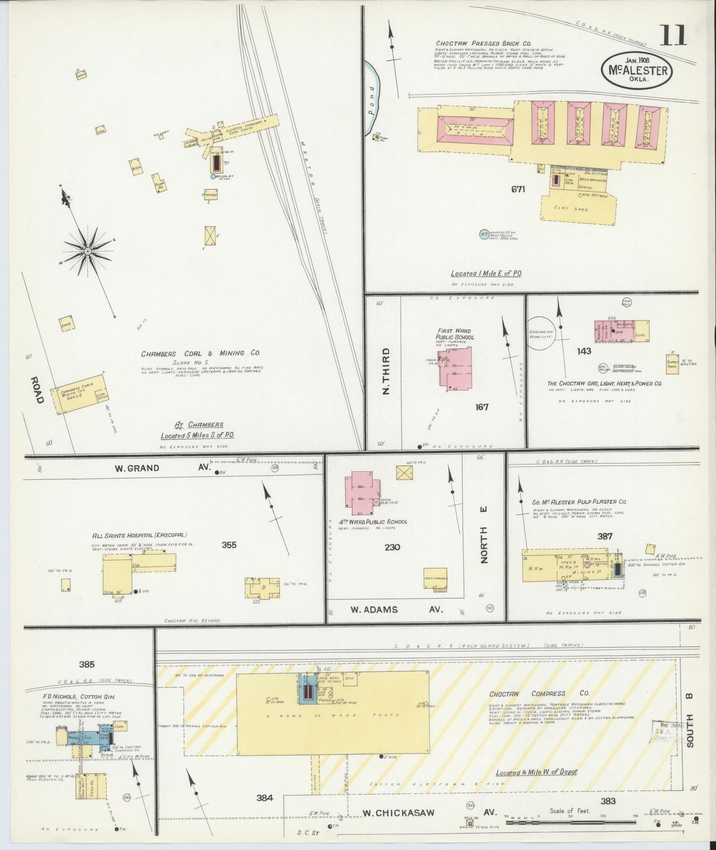 Sanborn Fire Insurance Map from McAlester, Pittsburg County, Oklahoma (1908), Sheet #0011 - Historic Sanborn Fire Insurance Map Print, vintage old map wall art, antique decor, genealogy gift, Oklahoma Oklahoma map