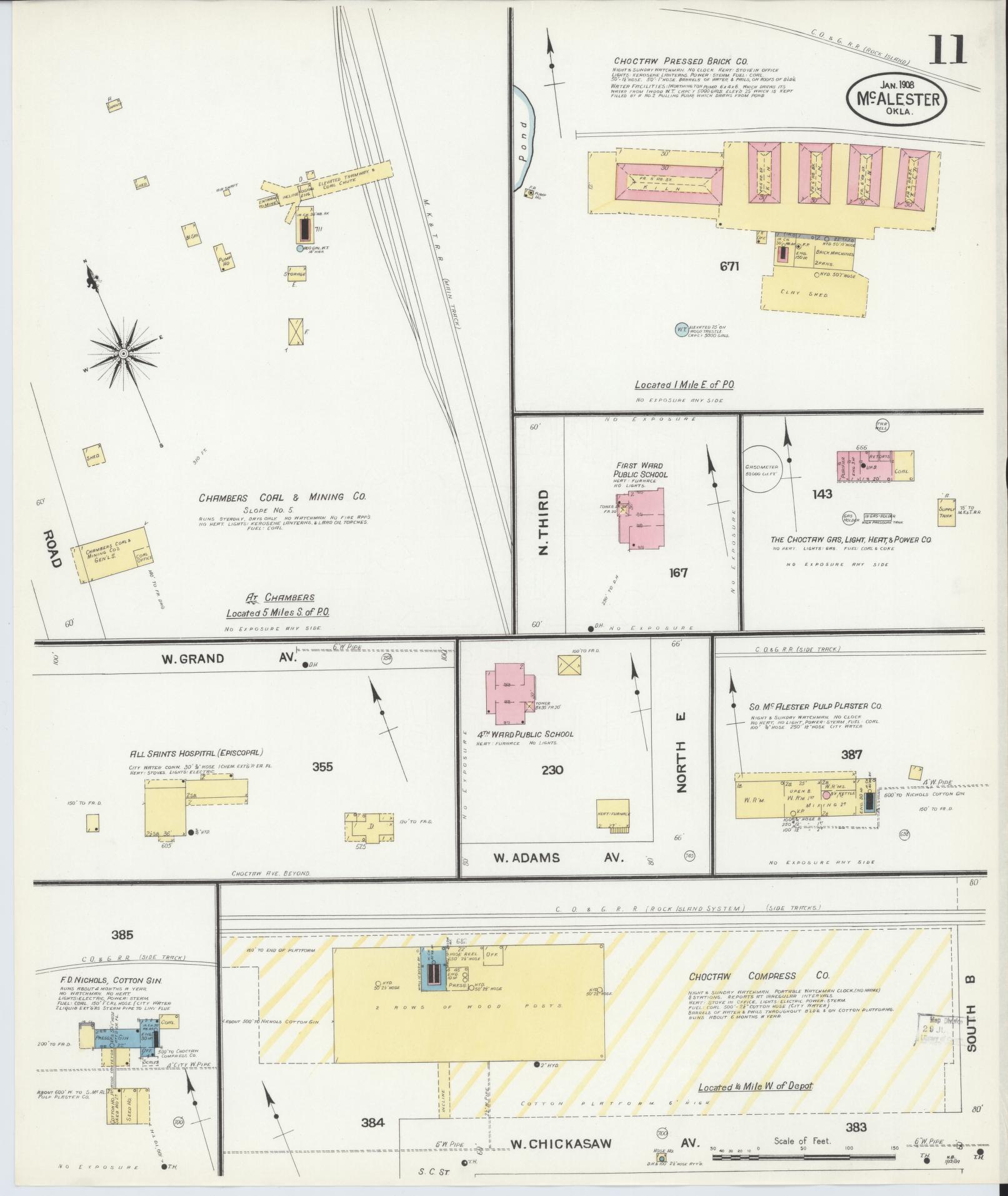 Sanborn Fire Insurance Map from McAlester, Pittsburg County, Oklahoma (1908), Sheet #0011 - Historic Sanborn Fire Insurance Map Print, vintage old map wall art, antique decor, genealogy gift, Oklahoma Oklahoma map