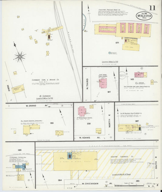 Sanborn Fire Insurance Map from McAlester, Pittsburg County, Oklahoma (1908), Sheet #0011 - Historic Sanborn Fire Insurance Map Print, vintage old map wall art, antique decor, genealogy gift, Oklahoma Oklahoma map