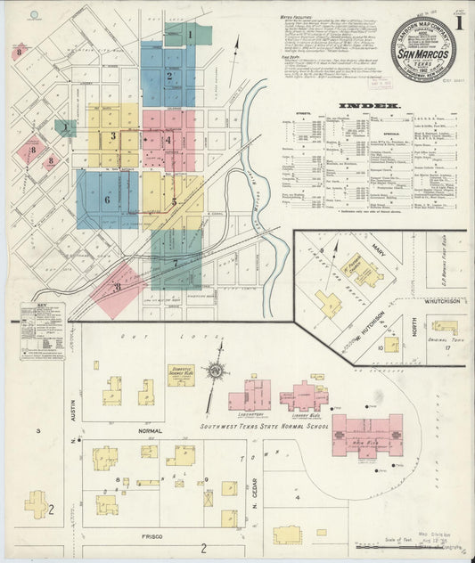 Sanborn Fire Insurance Map from San Marcos, Hays County, Texas (1912), Sheet #0001 - Complete Map Set gallery image, historic Sanborn map, vintage wall art, Texas Texas