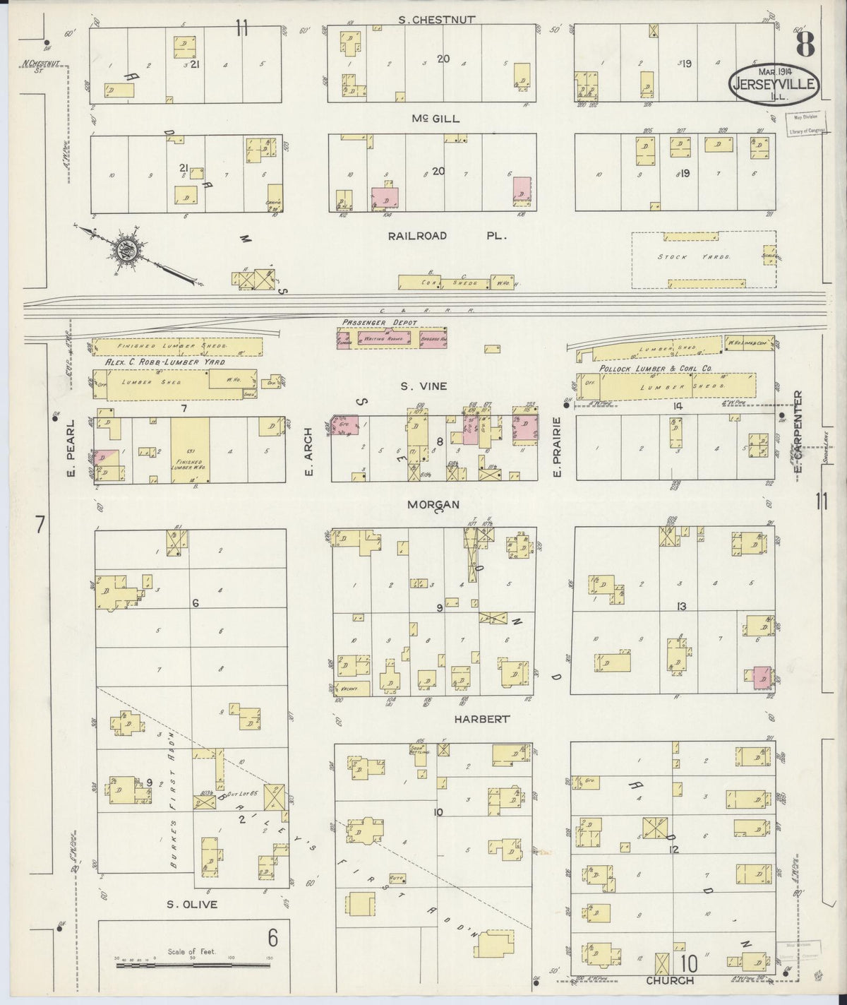 Sanborn Fire Insurance Map from Jerseyville, Jersey County, Illinois (1914), Sheet #0008 - Historic Sanborn Fire Insurance Map Print, vintage old map wall art, antique decor, genealogy gift, Illinois Illinois map