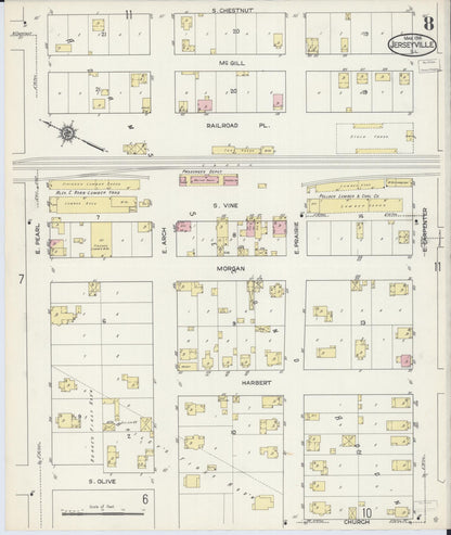 Sanborn Fire Insurance Map from Jerseyville, Jersey County, Illinois (1914), Sheet #0008 - Historic Sanborn Fire Insurance Map Print, vintage old map wall art, antique decor, genealogy gift, Illinois Illinois map