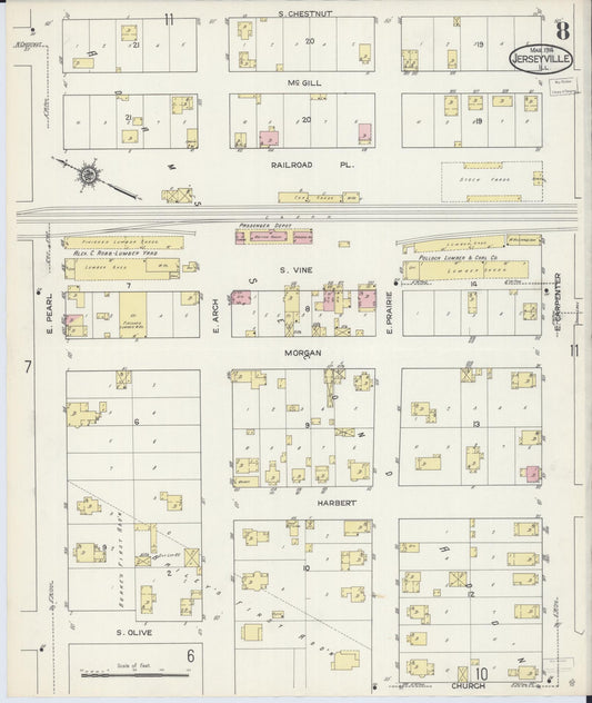 Sanborn Fire Insurance Map from Jerseyville, Jersey County, Illinois (1914), Sheet #0008 - Historic Sanborn Fire Insurance Map Print, vintage old map wall art, antique decor, genealogy gift, Illinois Illinois map