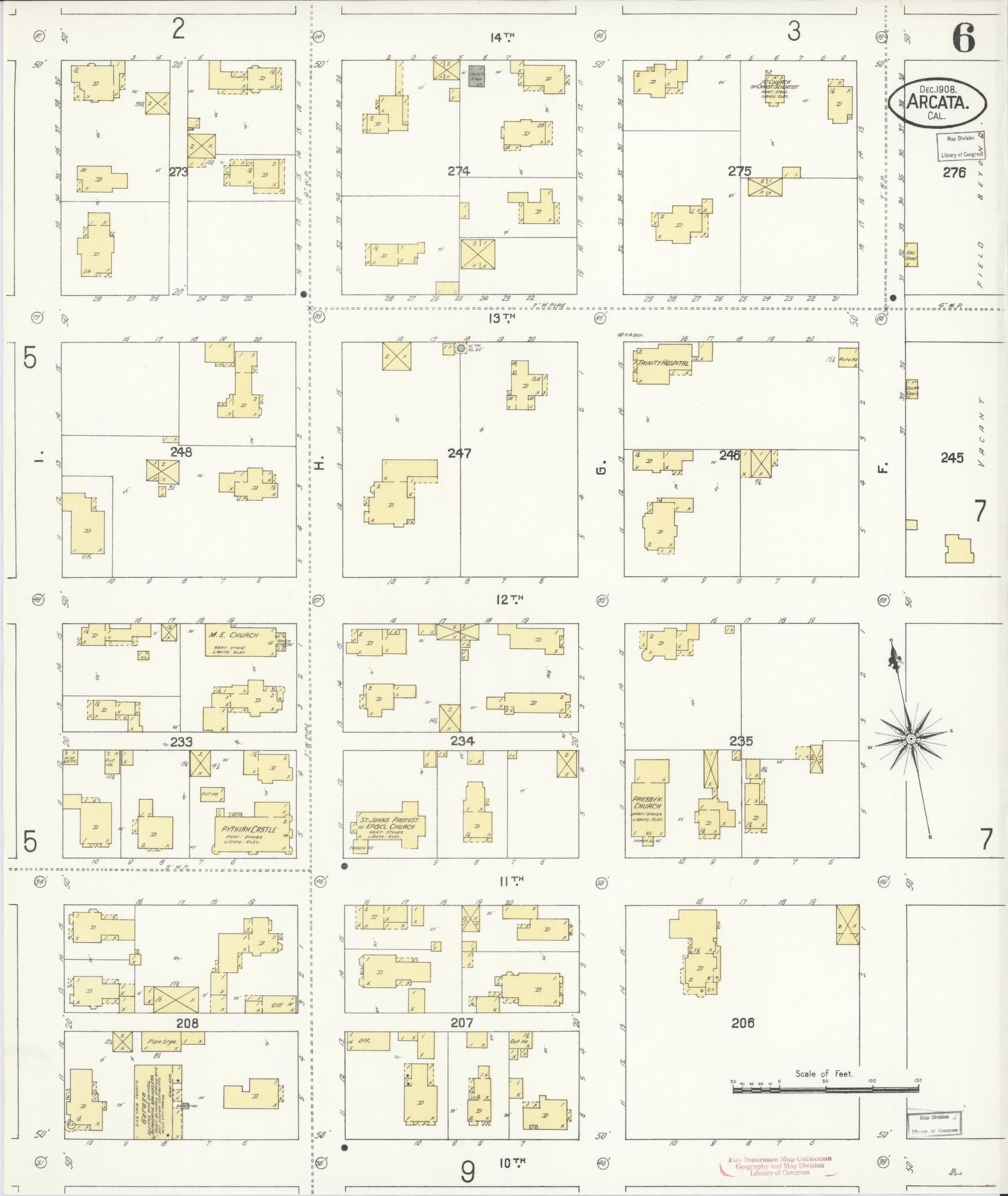 Sanborn Fire Insurance Map from Arcata, Humboldt County, California (1908), Sheet #0006 - Historic Sanborn Fire Insurance Map Print, vintage old map wall art, antique decor, genealogy gift, California California map