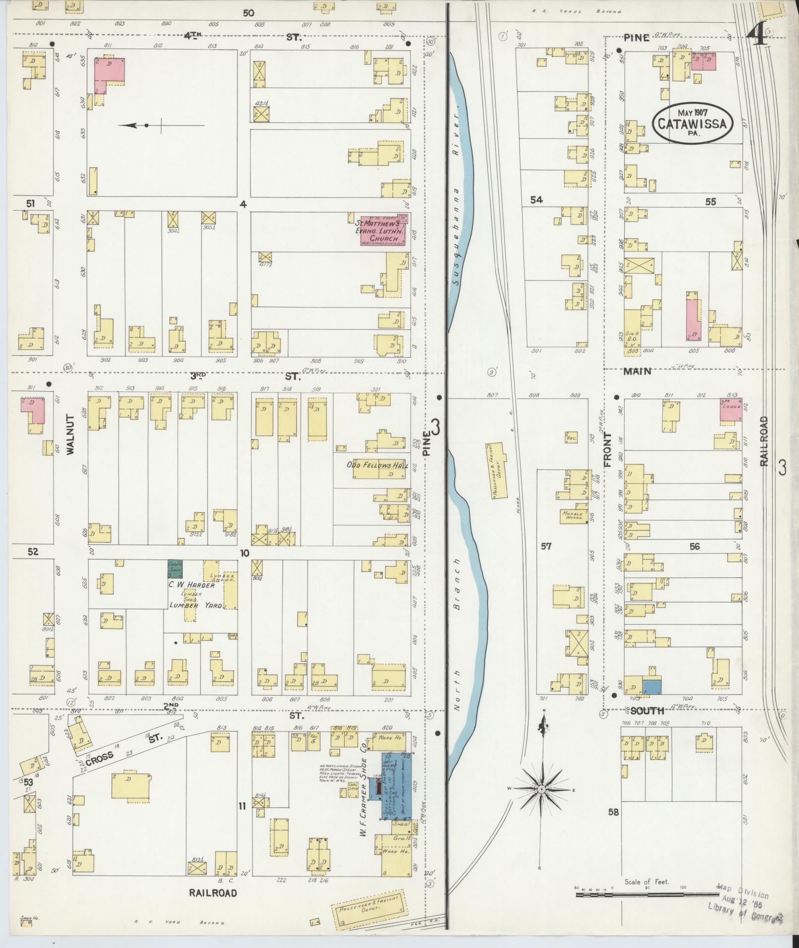 Sanborn Fire Insurance Map from Catawissa, Columbia County, Pennsylvania (1907), Sheet #0004 - Historic Sanborn Fire Insurance Map Print, vintage old map wall art, antique decor, genealogy gift, Pennsylvania Pennsylvania map