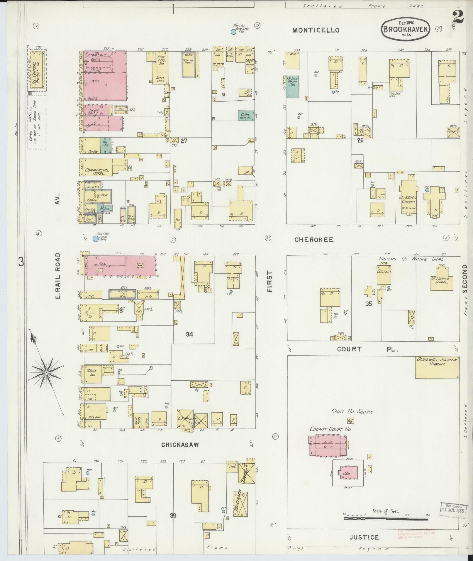 Sanborn Fire Insurance Map from Brookhaven, Lincoln County, Mississippi (1896), Sheet #0002 - Complete Map Set gallery image, historic Sanborn map, vintage wall art, Mississippi Mississippi