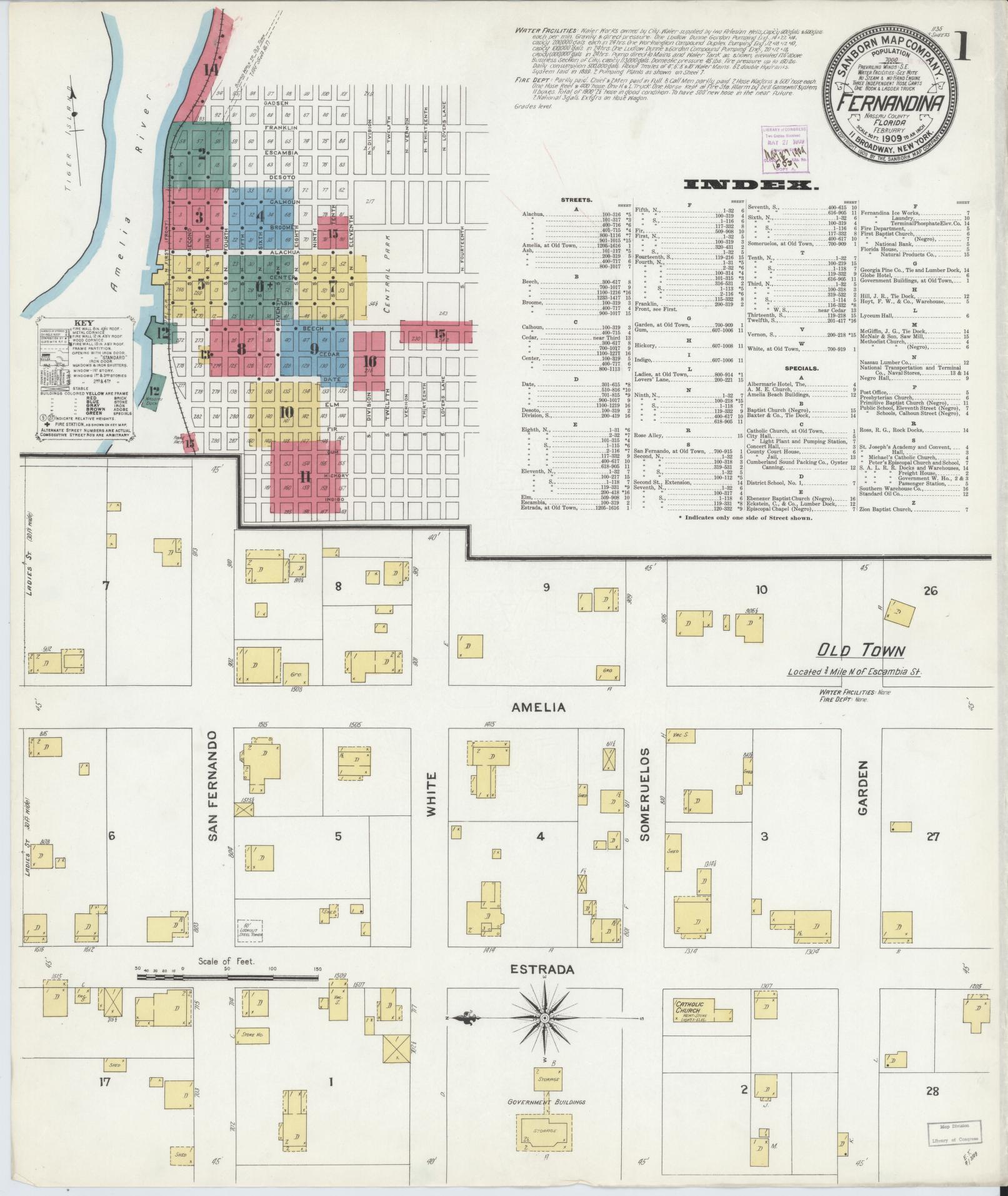 Sanborn Fire Insurance Map from Fernandina, Nassau County, Florida (1909), Sheet #0001 - Complete Map Set gallery image, historic Sanborn map, vintage wall art, Florida Florida