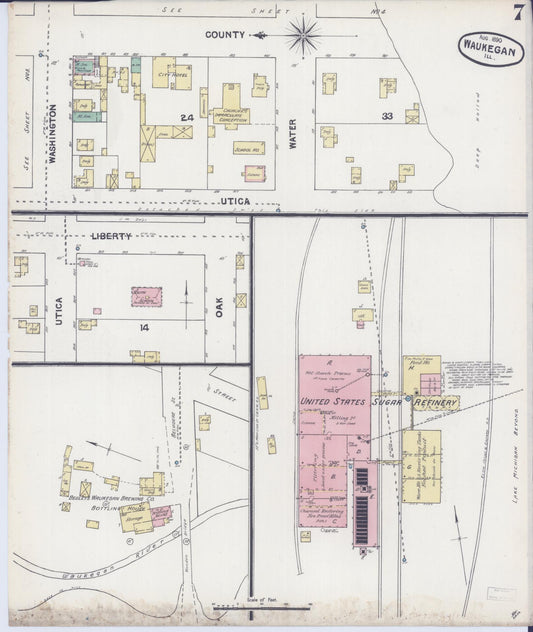 Sanborn Fire Insurance Map from Waukegan, Lake County, Illinois (1890), Sheet #0007 - Historic Sanborn Fire Insurance Map Print, vintage old map wall art, antique decor, genealogy gift, Illinois Illinois map