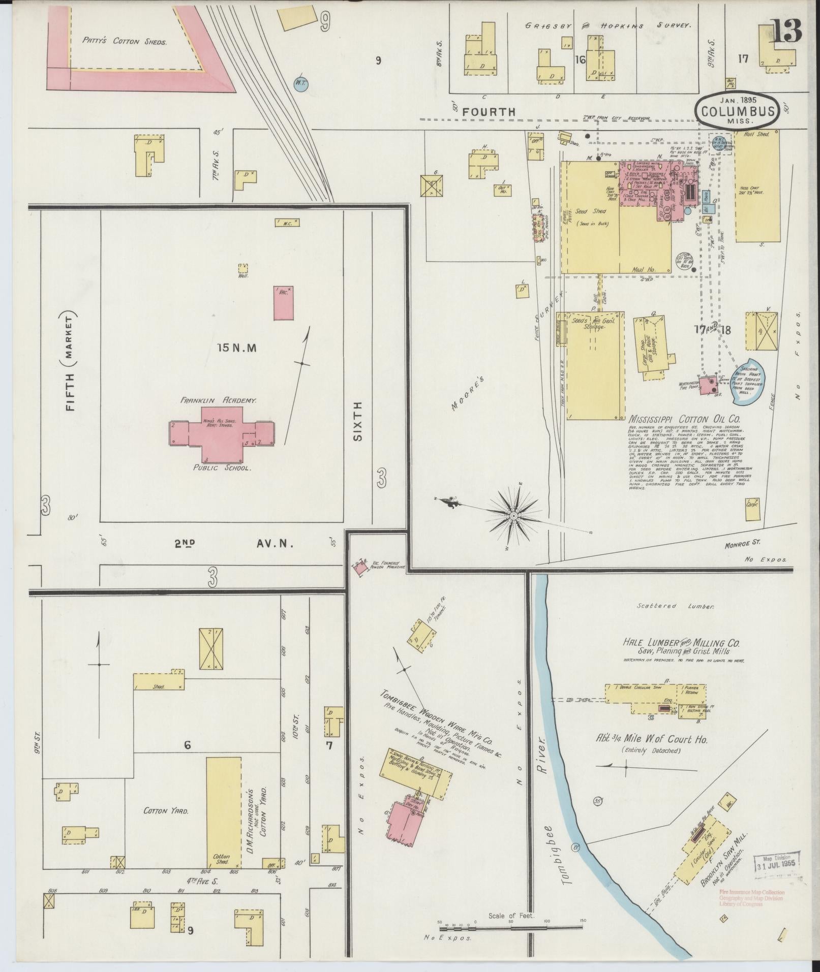 Sanborn Fire Insurance Map from Columbus, Lowndes County, Mississippi (1895), Sheet #0013 - Historic Sanborn Fire Insurance Map Print, vintage old map wall art, antique decor, genealogy gift, Mississippi Mississippi map