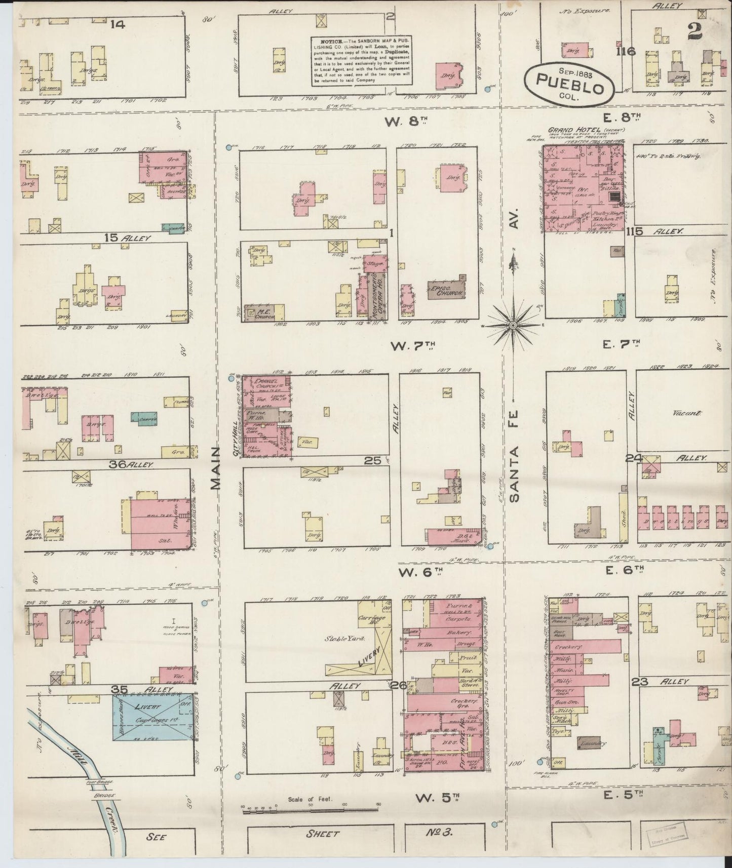 Sanborn Fire Insurance Map from Pueblo, Pueblo County, Colorado (1883), Sheet #0002 - Historic Sanborn Fire Insurance Map Print, vintage old map wall art, antique decor, genealogy gift, Colorado Colorado map