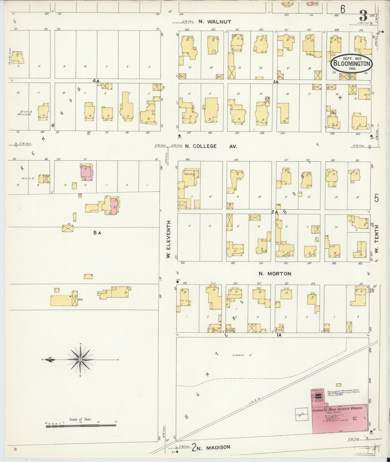 Sanborn Fire Insurance Map from Bloomington, Monroe County, Indiana (1907), Sheet #0003 - Historic Sanborn Fire Insurance Map Print, vintage old map wall art, antique decor, genealogy gift, Indiana Indiana map