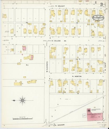 Sanborn Fire Insurance Map from Bloomington, Monroe County, Indiana (1907), Sheet #0003 - Historic Sanborn Fire Insurance Map Print, vintage old map wall art, antique decor, genealogy gift, Indiana Indiana map
