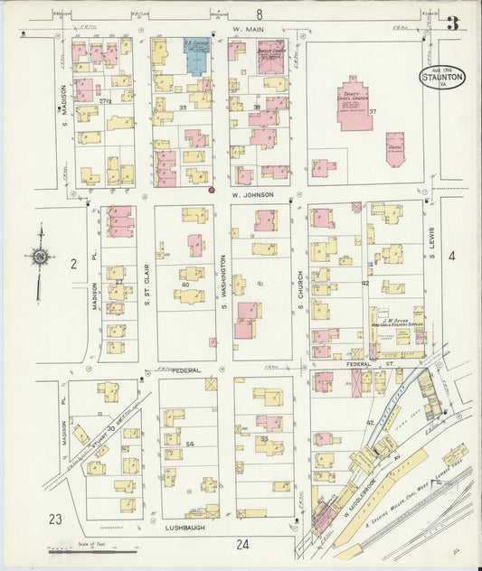 Sanborn Fire Insurance Map from Staunton, Independent Cities, Virginia (1914), Sheet #0003 - Historic Sanborn Fire Insurance Map Print, vintage old map wall art, antique decor, genealogy gift, Virginia Virginia map
