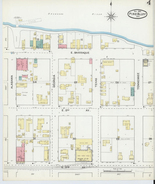 Sanborn Fire Insurance Map from Pine Bluff, Jefferson County, Arkansas (1892), Sheet #0004 - Historic Sanborn Fire Insurance Map Print, vintage old map wall art, antique decor, genealogy gift, Arkansas Arkansas map