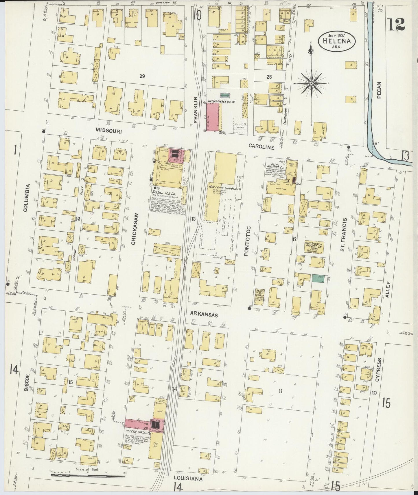 Sanborn Fire Insurance Map from Helena, Phillips County, Arkansas (1907), Sheet #0012 - Historic Sanborn Fire Insurance Map Print, vintage old map wall art, antique decor, genealogy gift, Arkansas Arkansas map
