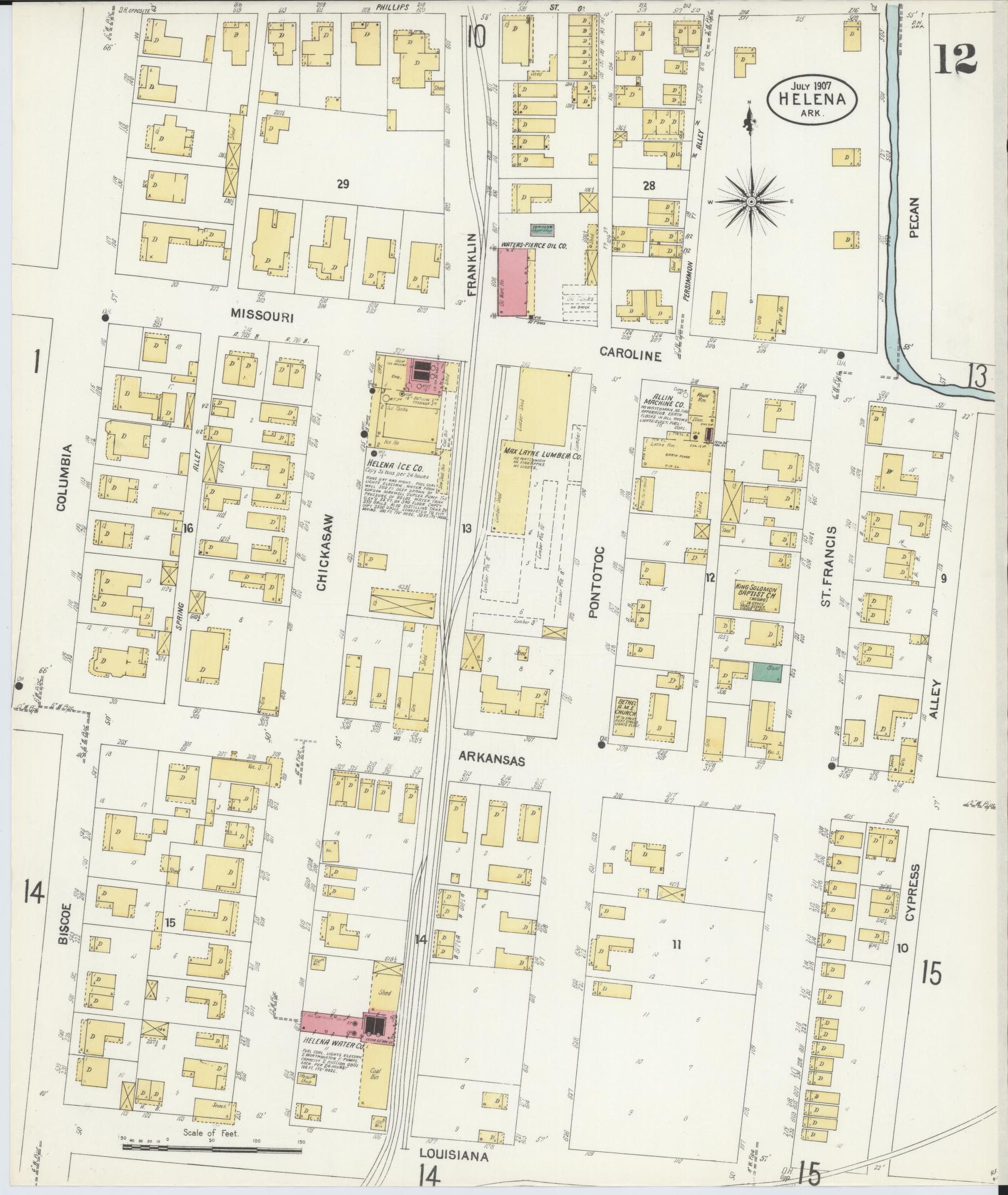 Sanborn Fire Insurance Map from Helena, Phillips County, Arkansas (1907), Sheet #0012 - Historic Sanborn Fire Insurance Map Print, vintage old map wall art, antique decor, genealogy gift, Arkansas Arkansas map