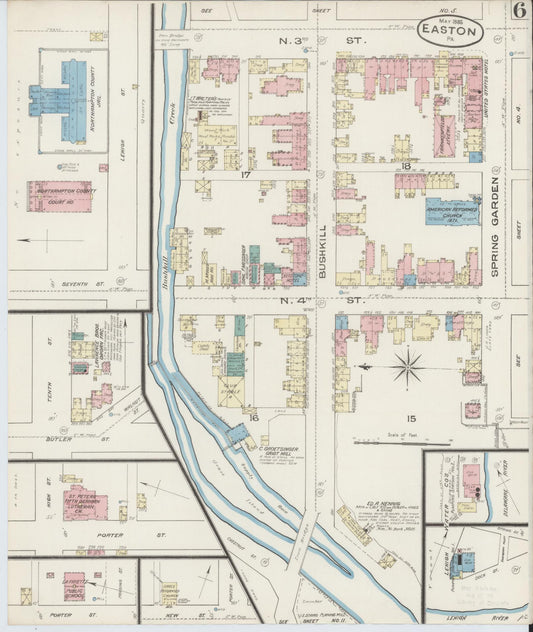 Sanborn Fire Insurance Map from Easton, Northampton County, Pennsylvania (1885), Sheet #0006 - Historic Sanborn Fire Insurance Map Print, vintage old map wall art, antique decor, genealogy gift, Pennsylvania Pennsylvania map