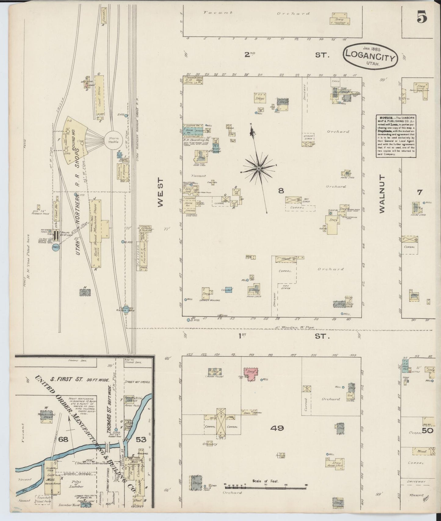 Sanborn Fire Insurance Map from Logan, Cache County, Utah (1885), Sheet #0005 - Historic Sanborn Fire Insurance Map Print, vintage old map wall art, antique decor, genealogy gift, Utah Utah map