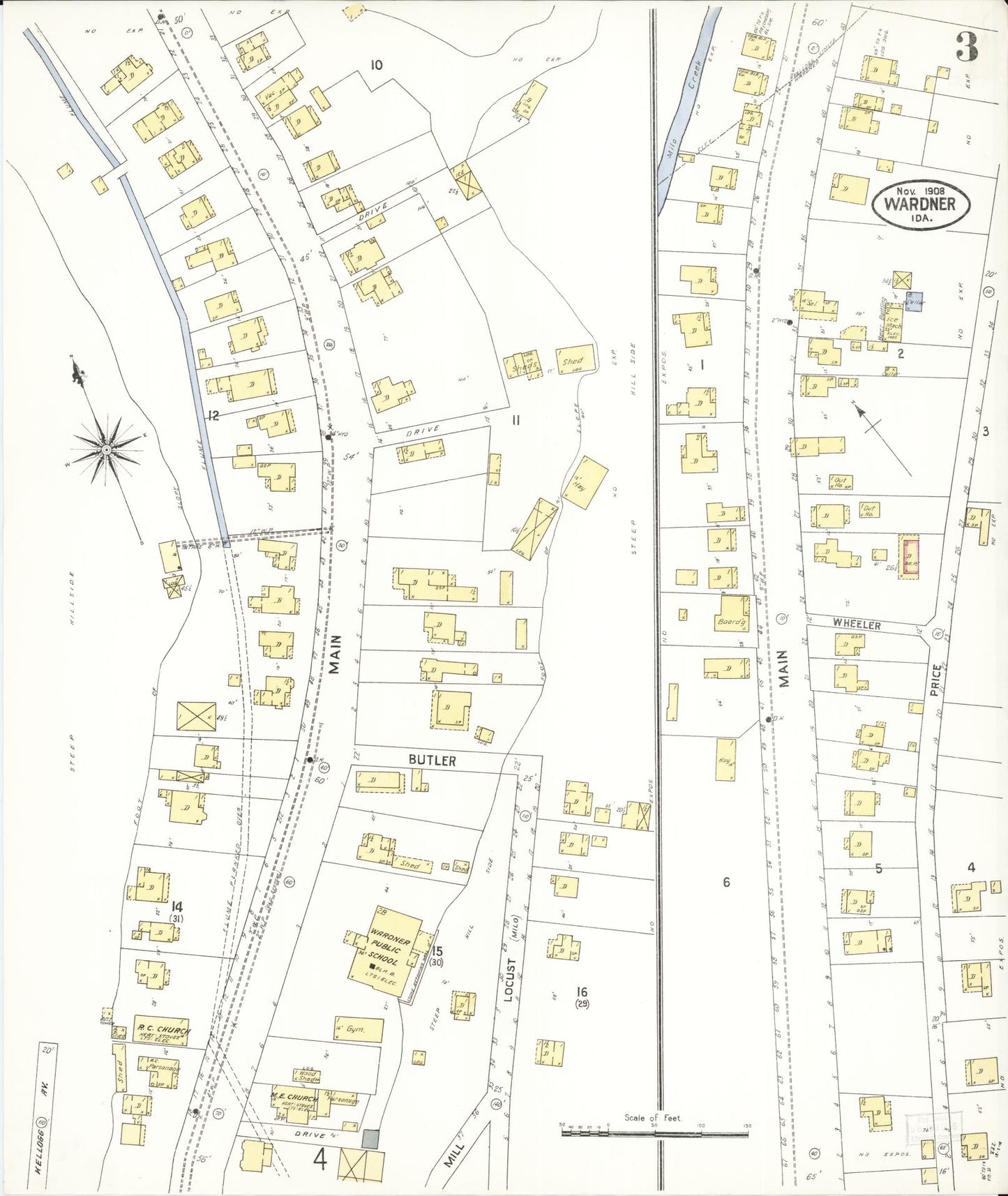 Sanborn Fire Insurance Map from Wardner, Shoshone County, Idaho (1908), Sheet #0003 - Complete Map Set gallery image, historic Sanborn map, vintage wall art, Idaho Idaho