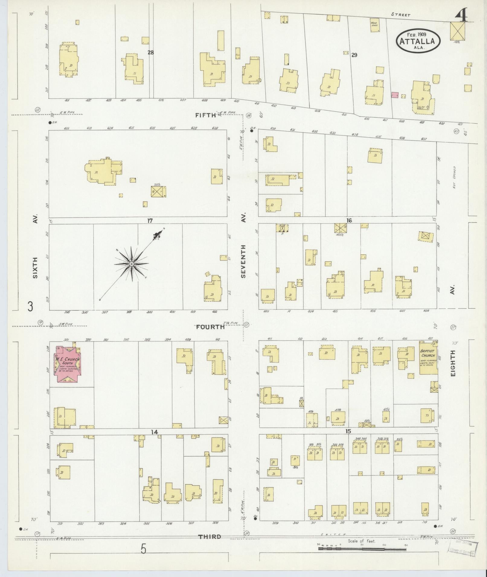 Sanborn Fire Insurance Map from Attalla, Etowah County, Alabama (1909), Sheet #0004 - Historic Sanborn Fire Insurance Map Print, vintage old map wall art, antique decor, genealogy gift, Alabama Alabama map