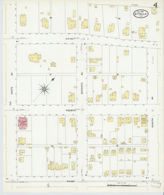 Sanborn Fire Insurance Map from Attalla, Etowah County, Alabama (1909), Sheet #0004 - Historic Sanborn Fire Insurance Map Print, vintage old map wall art, antique decor, genealogy gift, Alabama Alabama map