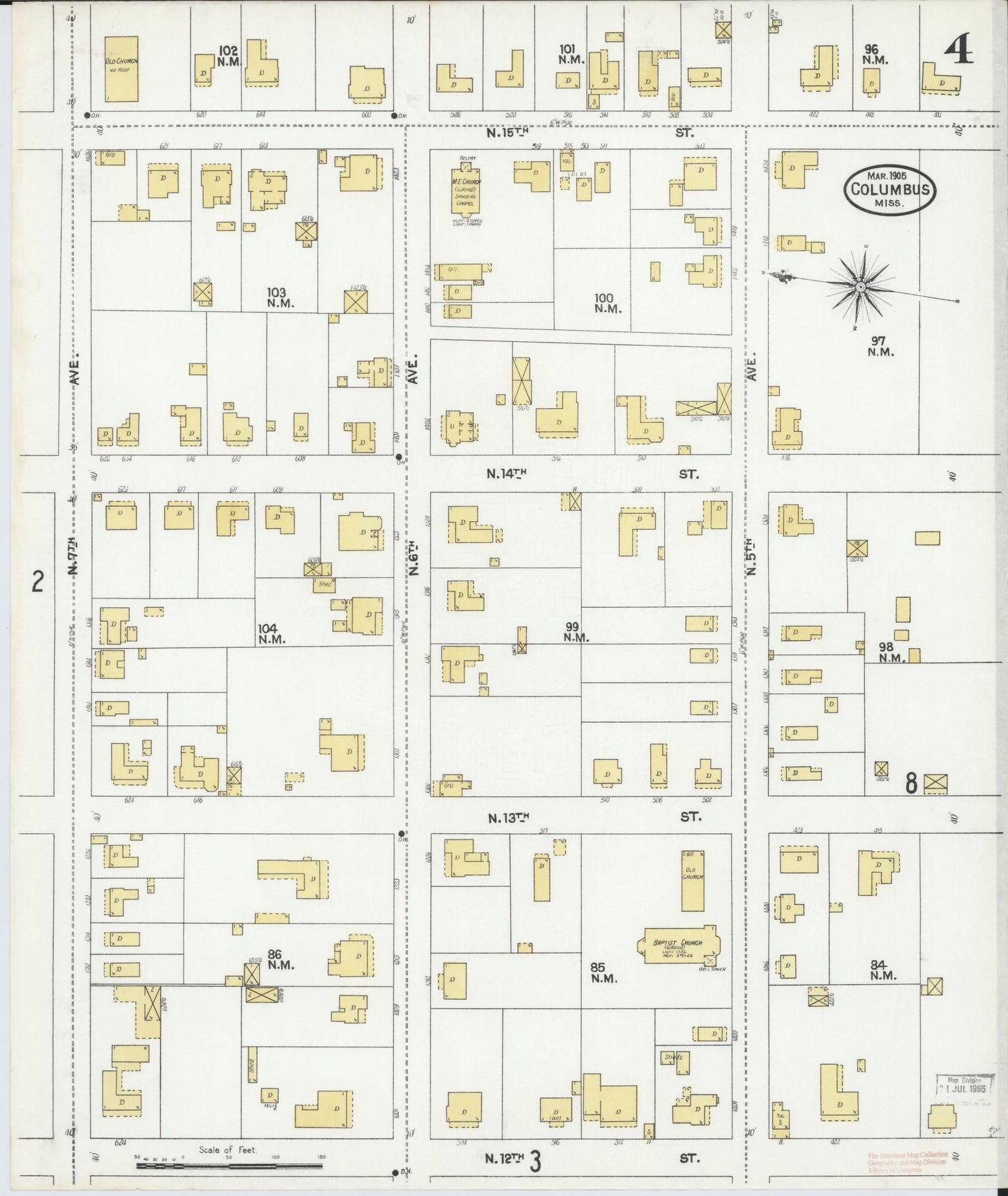 Sanborn Fire Insurance Map from Columbus, Lowndes County, Mississippi (1905), Sheet #0004 - Historic Sanborn Fire Insurance Map Print, vintage old map wall art, antique decor, genealogy gift, Mississippi Mississippi map