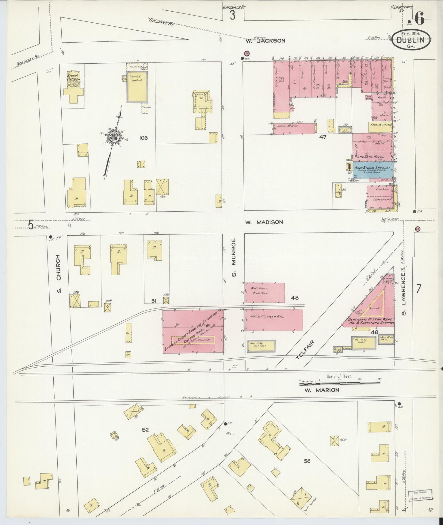 Sanborn Fire Insurance Map from Dublin, Laurens County, Georgia (1913), Sheet #0006 - Historic Sanborn Fire Insurance Map Print, vintage old map wall art, antique decor, genealogy gift, Georgia Georgia map