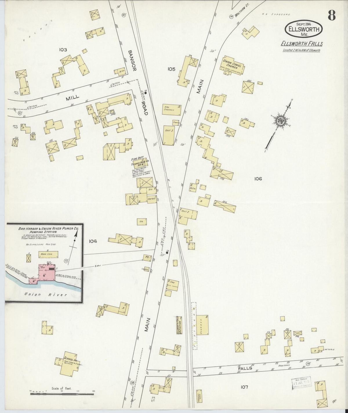 Sanborn Fire Insurance Map from Ellsworth, Hancock County, Maine (1914), Sheet #0008 - Complete Map Set gallery image, historic Sanborn map, vintage wall art, Maine Maine
