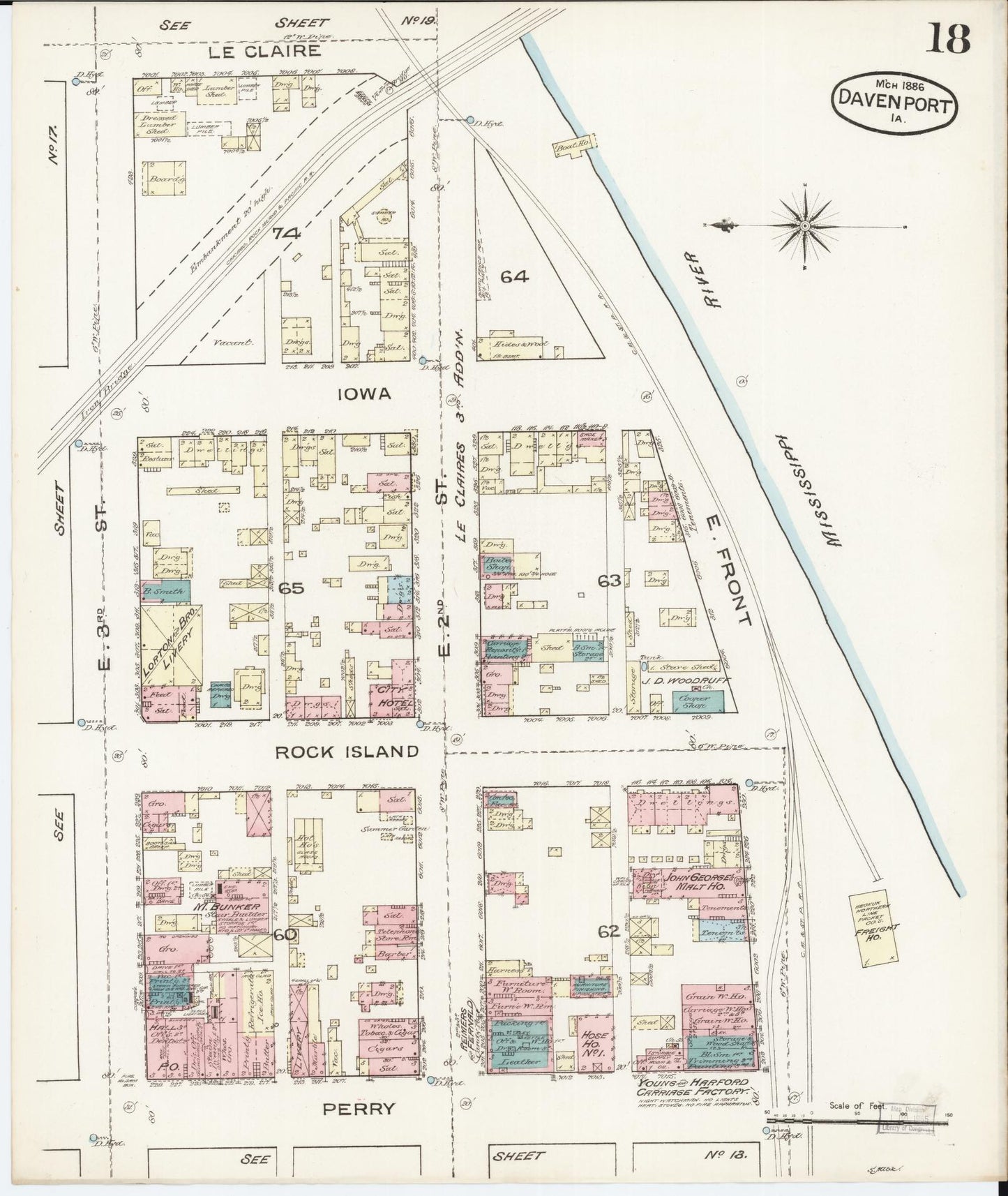 Sanborn Fire Insurance Map from Davenport, Scott County, Iowa (1886), Sheet #0018 - Historic Sanborn Fire Insurance Map Print, vintage old map wall art