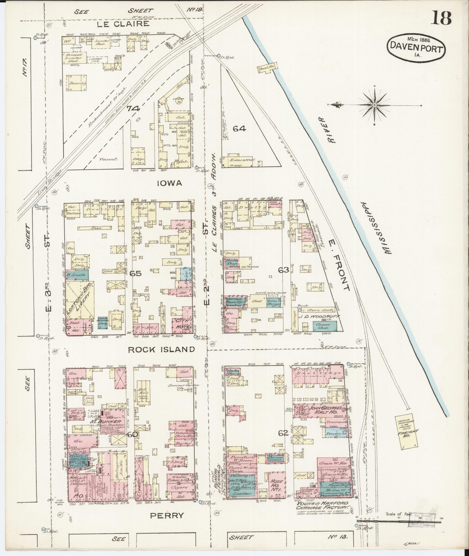 Sanborn Fire Insurance Map from Davenport, Scott County, Iowa (1886), Sheet #0018 - Historic Sanborn Fire Insurance Map Print, vintage old map wall art