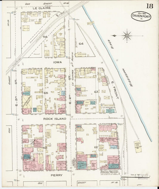 Sanborn Fire Insurance Map from Davenport, Scott County, Iowa (1886), Sheet #0018 - Historic Sanborn Fire Insurance Map Print, vintage old map wall art