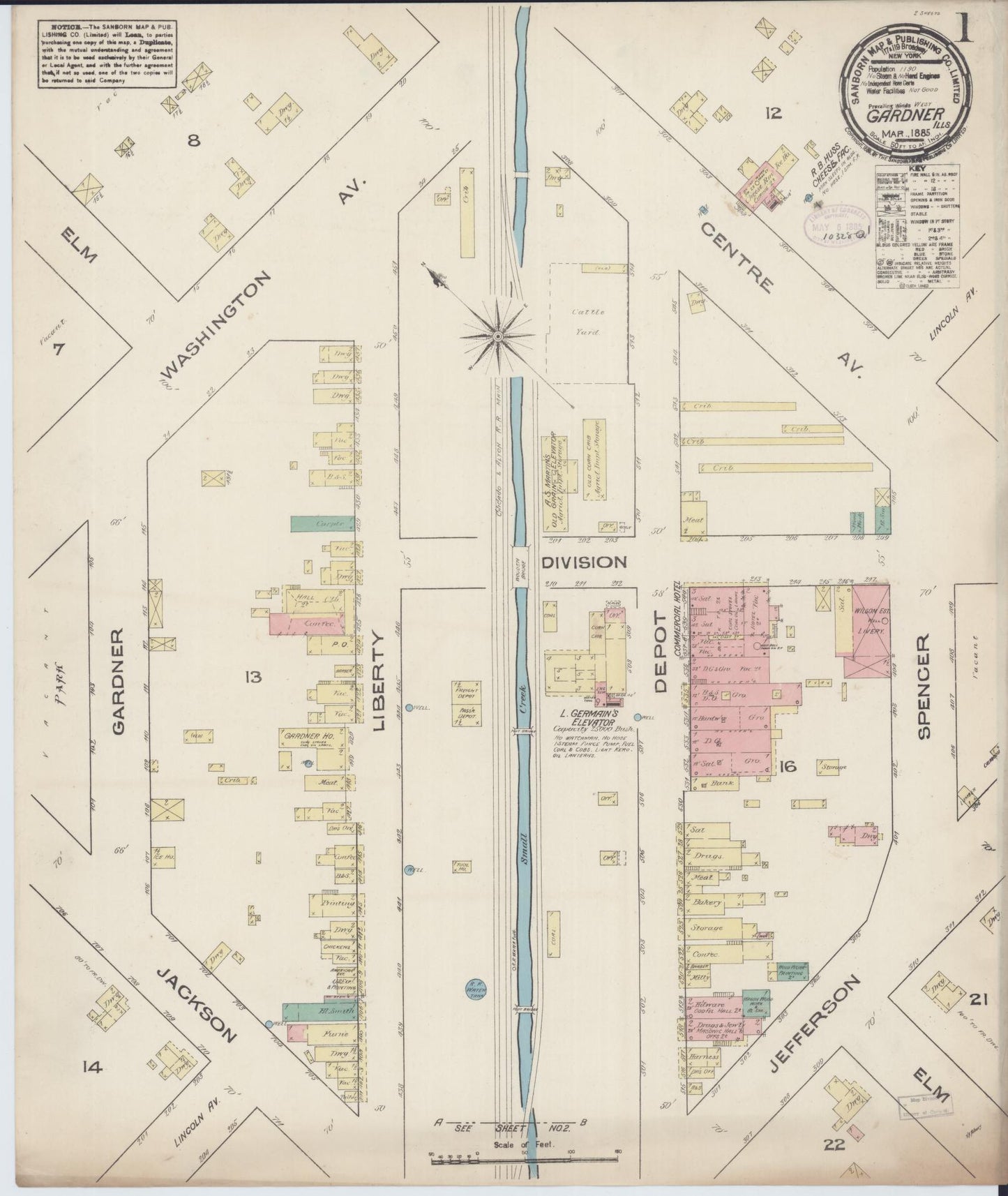 Sanborn Fire Insurance Map from Gardner, Grundy County, Illinois (1885), Sheet #0001 - Complete Map Set gallery image, historic Sanborn map, vintage wall art, Illinois Illinois