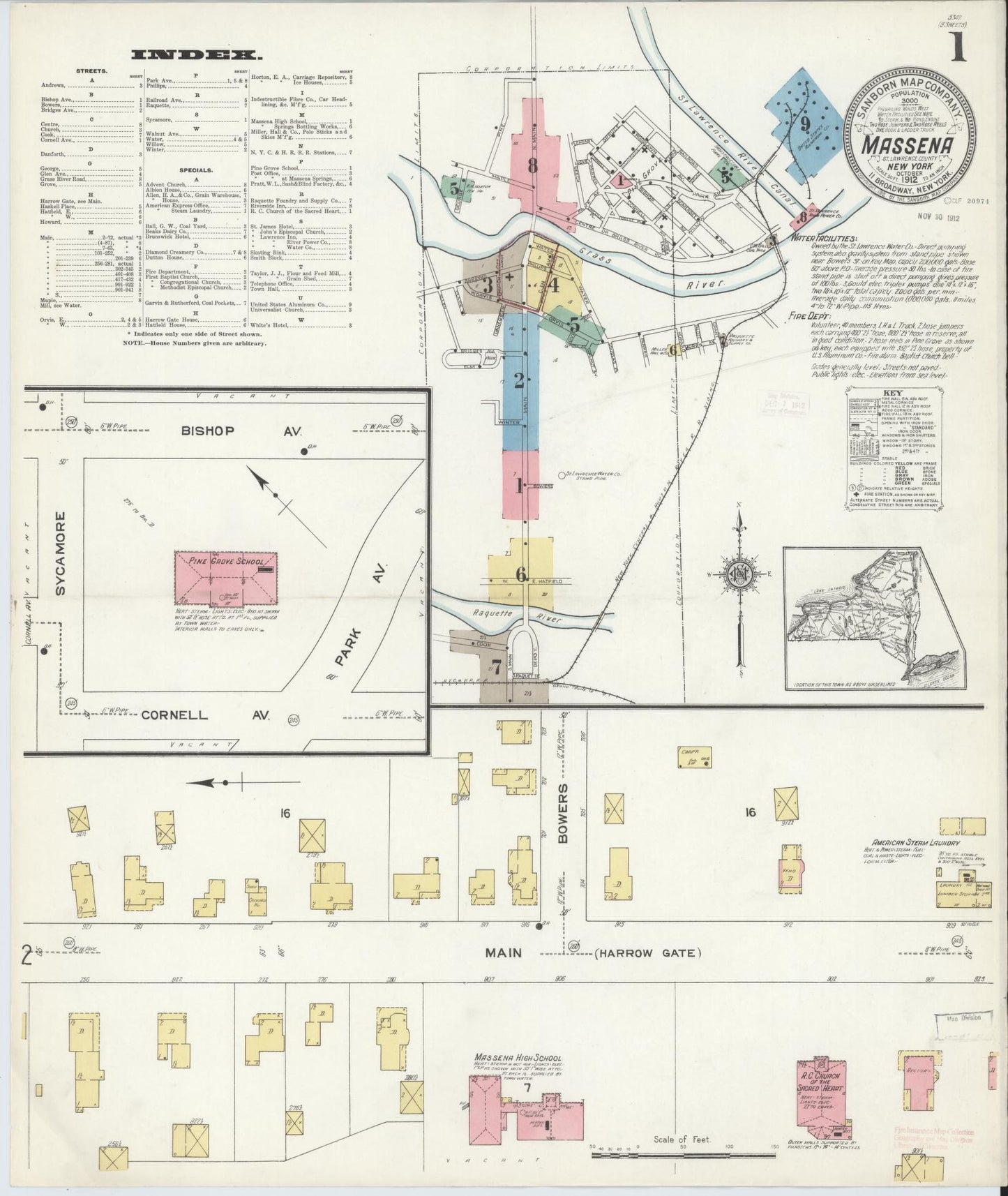Sanborn Fire Insurance Map from Massena, St. Lawrence County, New York. (1912) – Historic Sanborn Fire Insurance Map Print