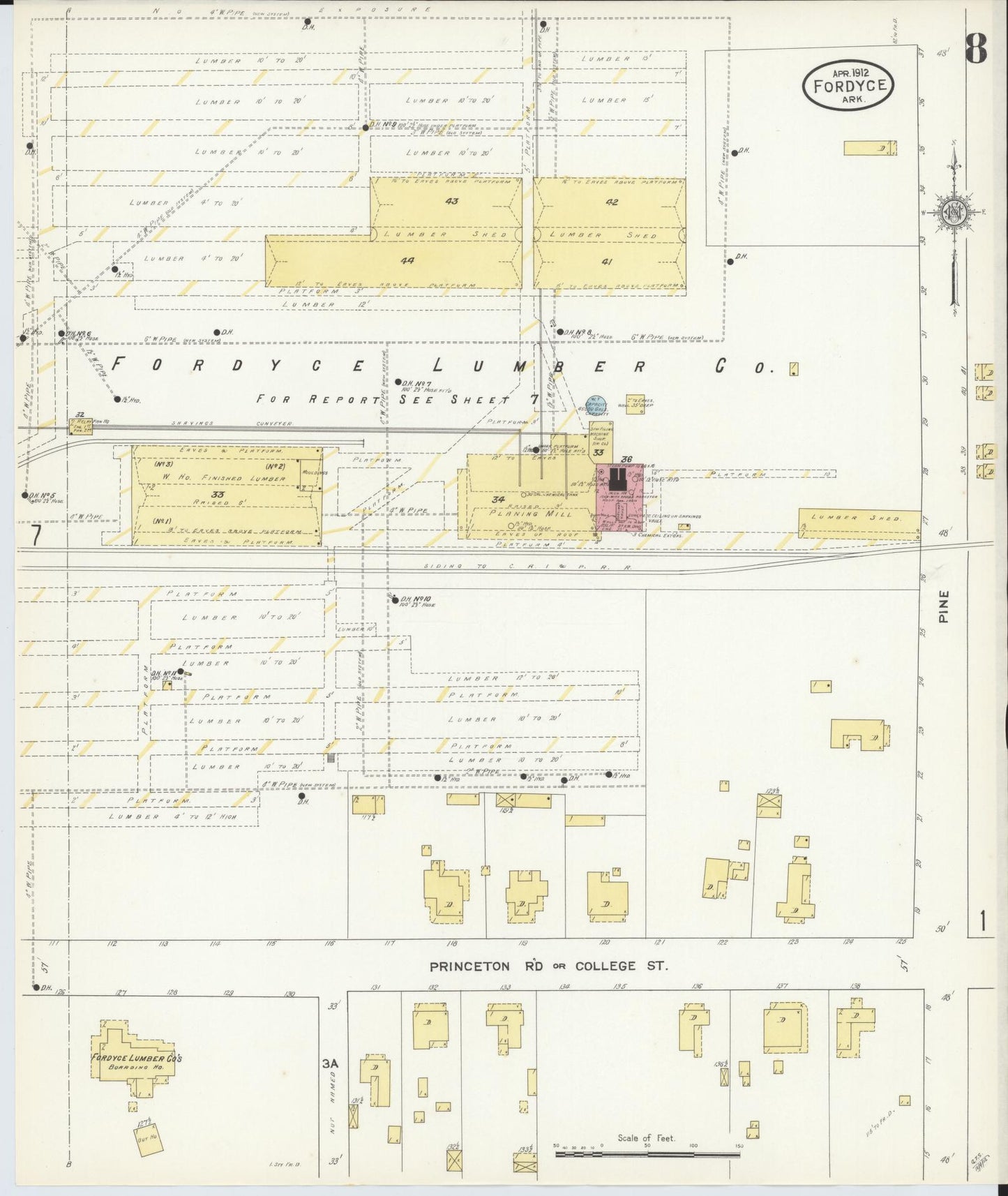 Sanborn Fire Insurance Map from Fordyce, Dallas County, Arkansas (1912), Sheet #0008 - Historic Sanborn Fire Insurance Map Print, vintage old map wall art, antique decor, genealogy gift, Arkansas Arkansas map