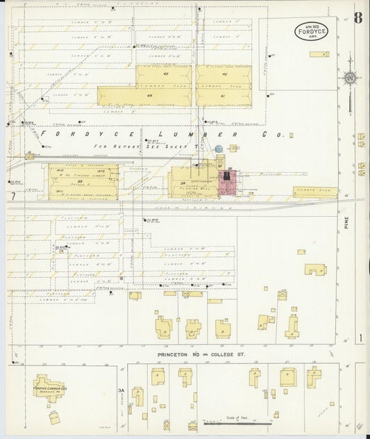 Sanborn Fire Insurance Map from Fordyce, Dallas County, Arkansas (1912), Sheet #0008 - Historic Sanborn Fire Insurance Map Print, vintage old map wall art, antique decor, genealogy gift, Arkansas Arkansas map