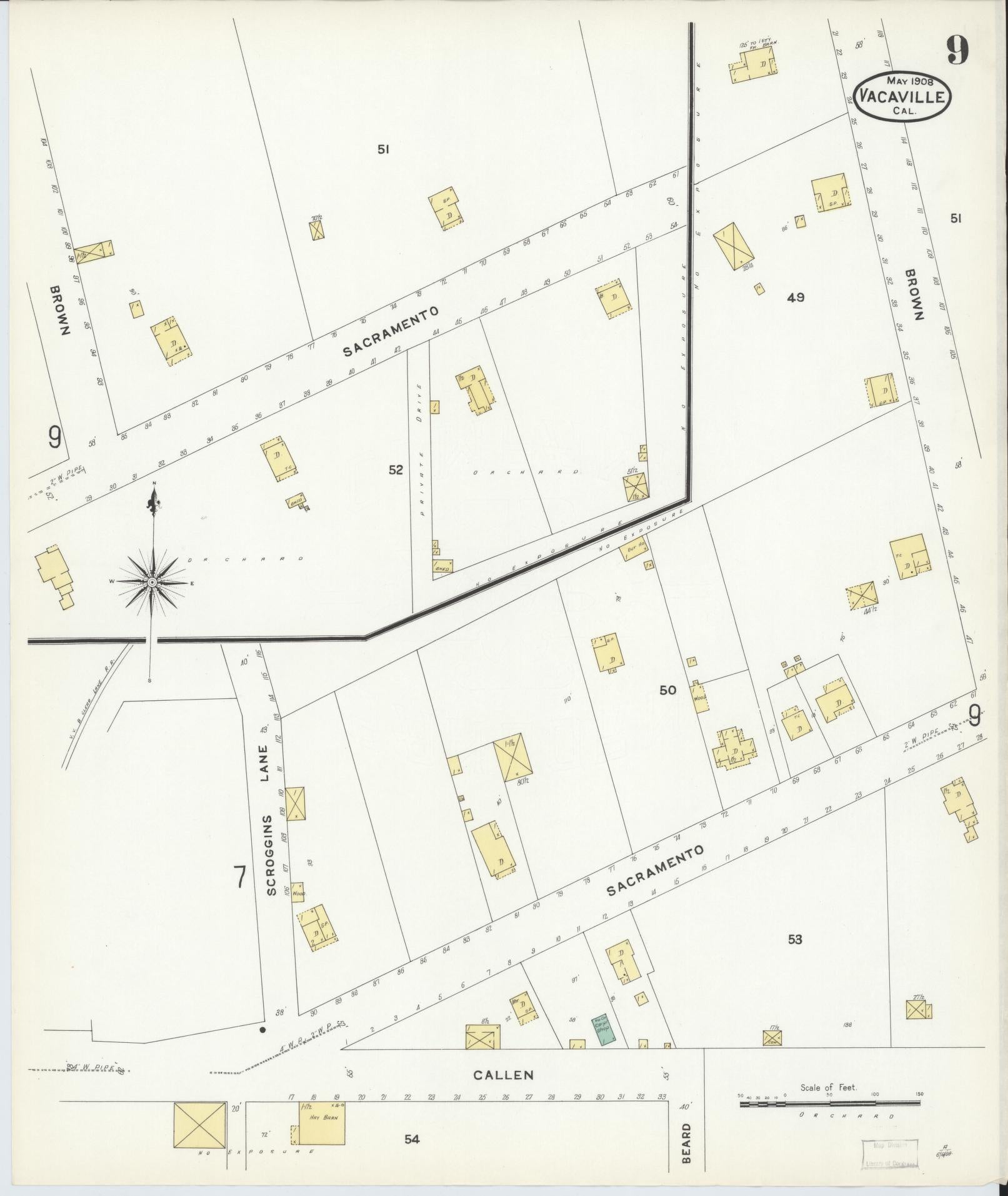 Sanborn Fire Insurance Map from Vacaville, Solano County, California (1908), Sheet #0009 - Complete Map Set gallery image, historic Sanborn map, vintage wall art, California California